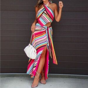 🆕 Vici Derren Striped Wrap Maxi Skirt and Halter Top Set